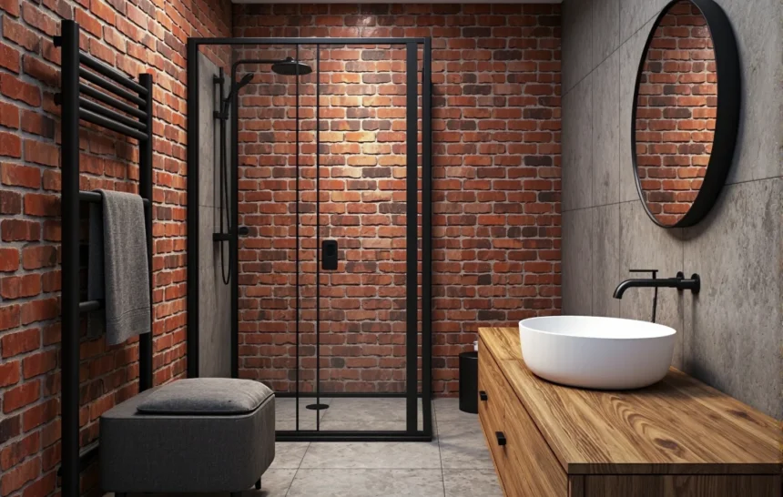 Drewniana szafka łazienkowa z szufladami i białą umywalką nablatową