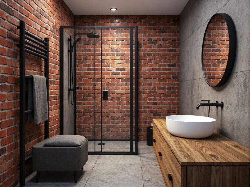 Drewniana szafka łazienkowa z szufladami i białą umywalką nablatową