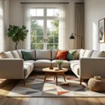 Narożna sofa beżowa na drewnianych nóżkach z poduszkami