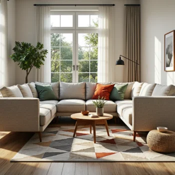 Narożna sofa beżowa na drewnianych nóżkach z poduszkami