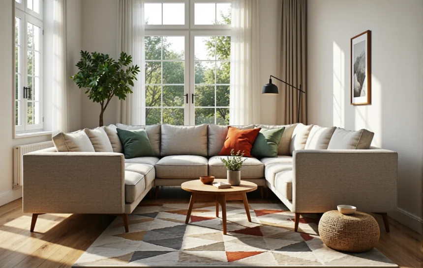 Narożna sofa beżowa na drewnianych nóżkach z poduszkami