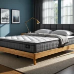 Materac hybrydowy biało-szary na łóżku z tapicerowanym zagłówkiem