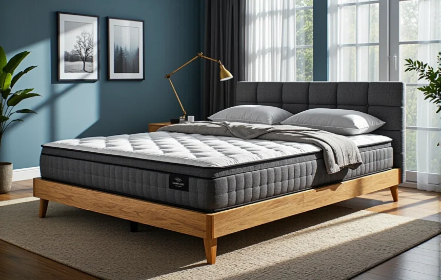 Materac hybrydowy biało-szary na łóżku z tapicerowanym zagłówkiem