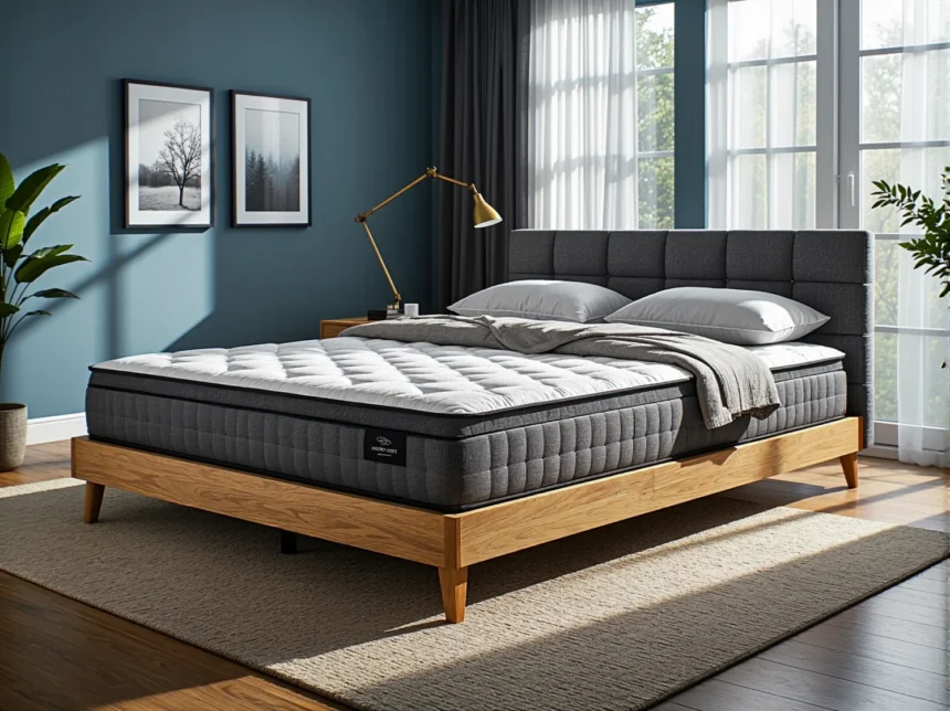 Materac hybrydowy biało-szary na łóżku z tapicerowanym zagłówkiem Materac hybrydowy biało-szary na łóżku z tapicerowanym zagłówkiem