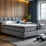 Materac hybrydowy na tapicerowanym łóżku kontynentalnym szarym