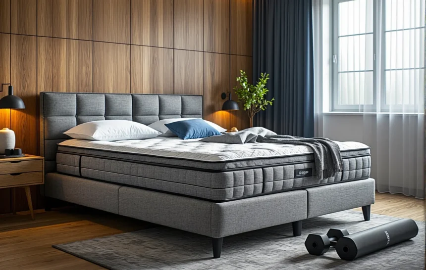 Materac hybrydowy na tapicerowanym łóżku kontynentalnym szarym