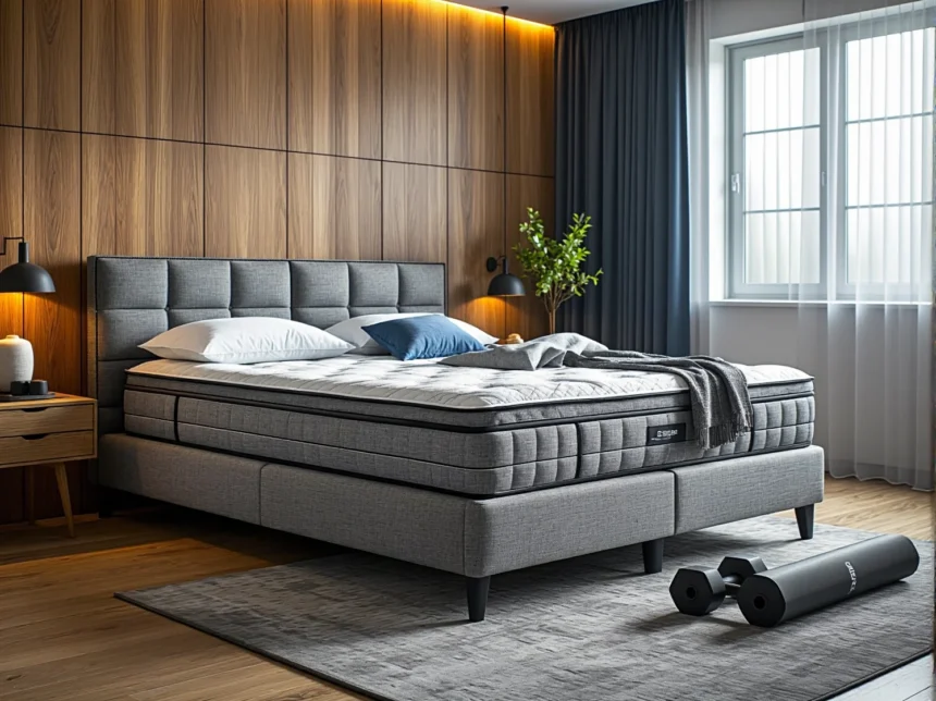 Materac hybrydowy na tapicerowanym łóżku kontynentalnym szarym
