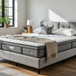 Materac piankowy memory foam na tapicerowanym łóżku szarym