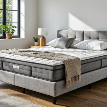 Materac piankowy memory foam na tapicerowanym łóżku szarym