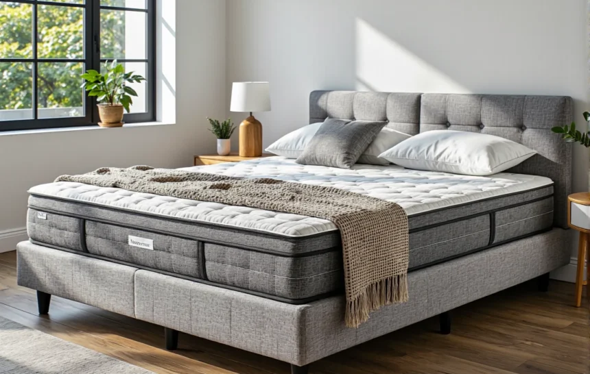 Materac piankowy memory foam na tapicerowanym łóżku szarym