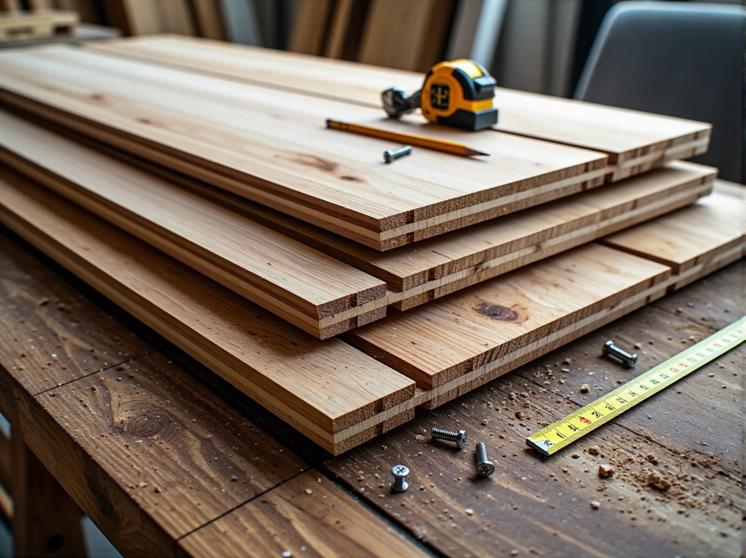 Niezbędne materiały i narzędzia do budowy łóżka piętrowego: deski, wkręty i miarka