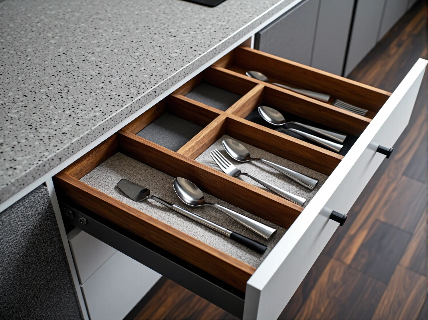 Trwałe fronty szafek kuchennych i blat odporny na zarysowania - zbliżenie