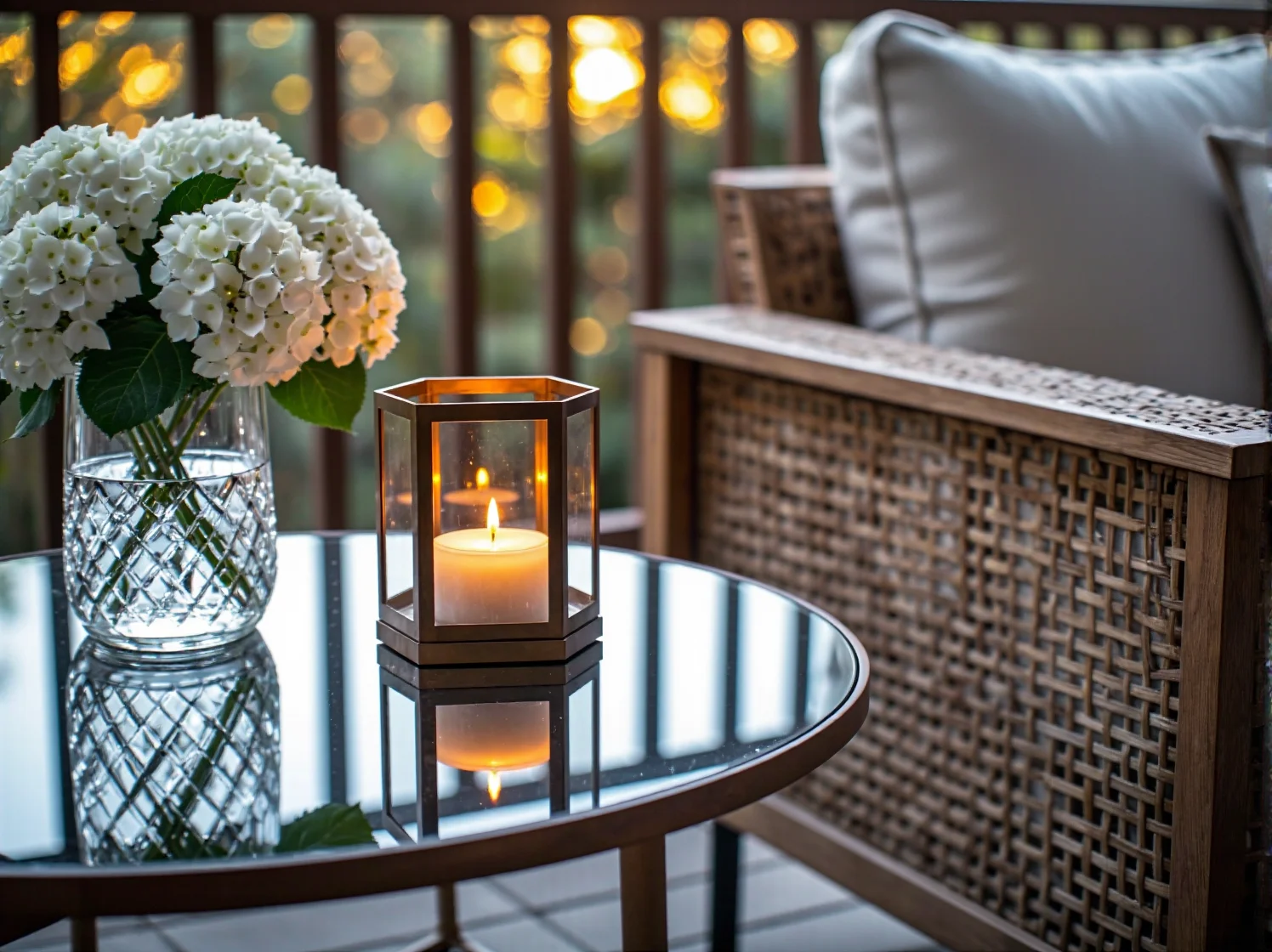 Wygodne fotele z weluru na balkonie glamour z dodatkami w kolorze złota i miedzi.