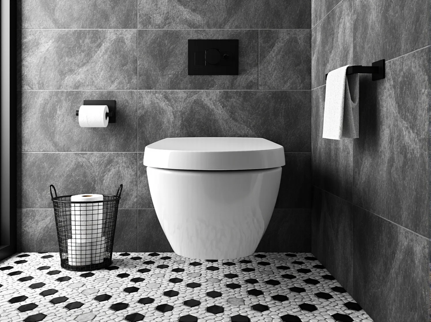 Metalowa szafka pod umywalkę i półki z rur hydraulicznych w małej industrialnej toalecie w bloku.