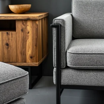 Industrialny fotel szary z metalową ramą i drewniana komoda orzech