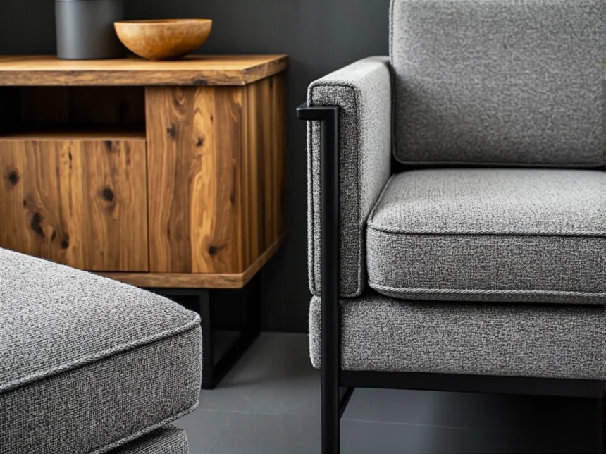 Industrialny fotel szary z metalową ramą i drewniana komoda orzech