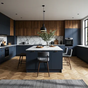 Nowoczesne meble kuchenne modułowe grafit z drewnem orzechowym