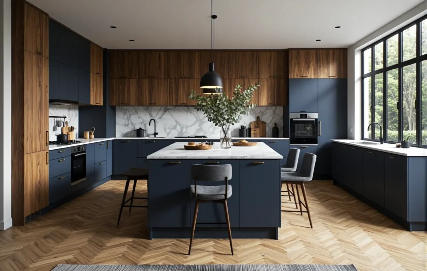 Nowoczesne meble kuchenne modułowe grafit z drewnem orzechowym