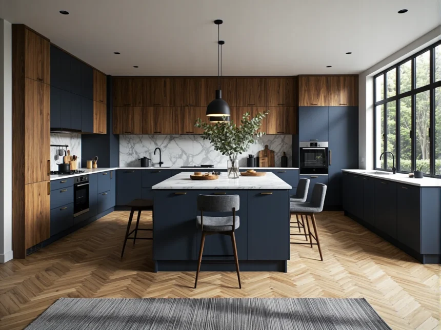 Nowoczesne meble kuchenne modułowe grafit z drewnem orzechowym Nowoczesne meble kuchenne modułowe grafit z drewnem orzechowym