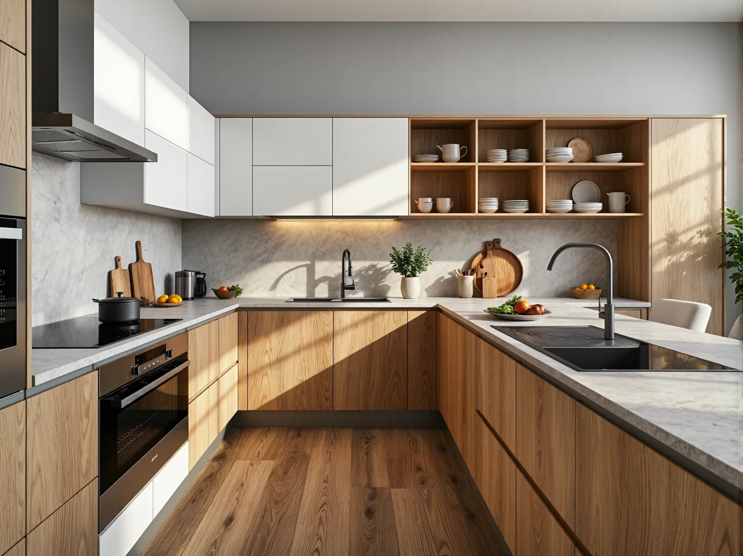 Minimalistyczne meble kuchenne w stylu skandynawskim z nowoczesną wyspą.