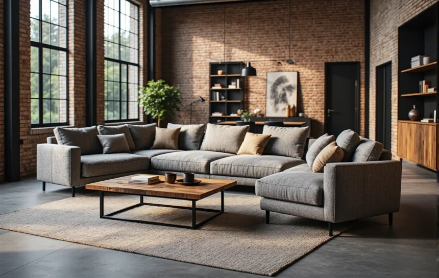 Narożnik wypoczynkowy szary z metalowymi nóżkami styl loft