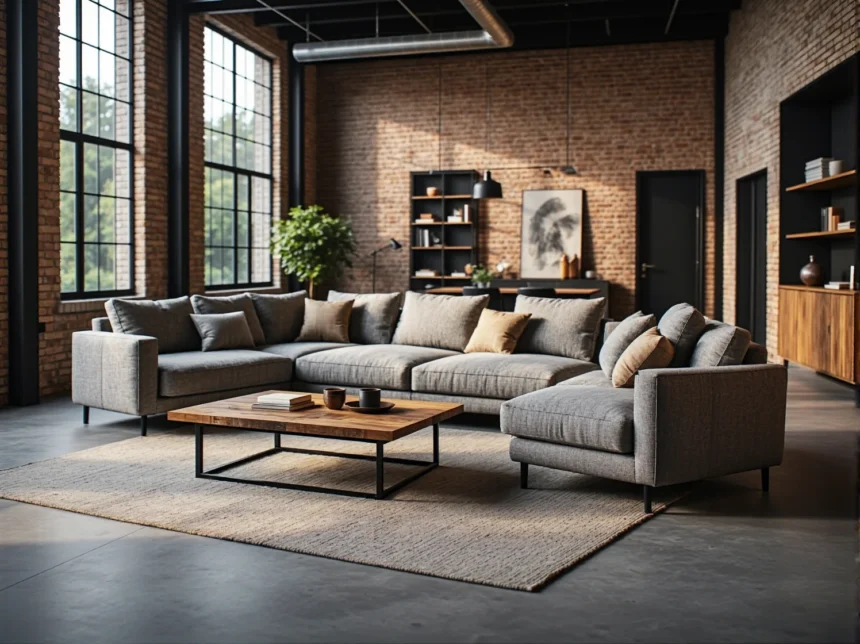 Narożnik wypoczynkowy szary z metalowymi nóżkami styl loft