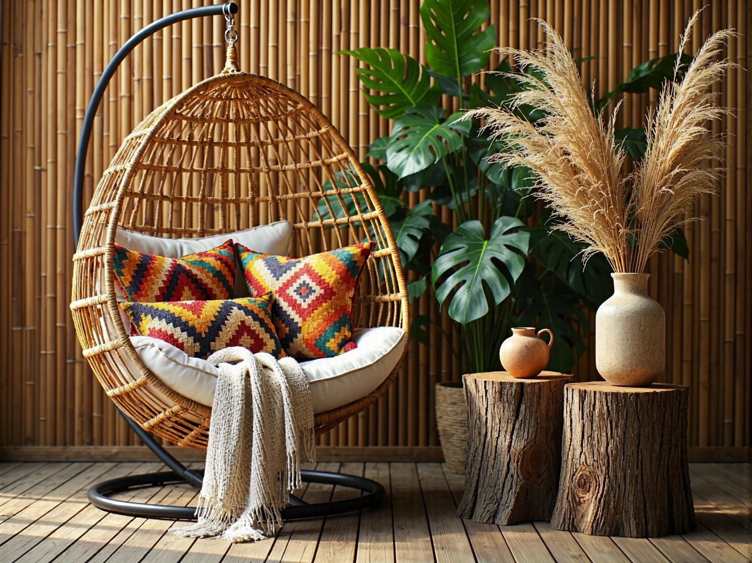 Komplet mebli ogrodowych z technorattanu na drewnianym tarasie w aranżacji boho.