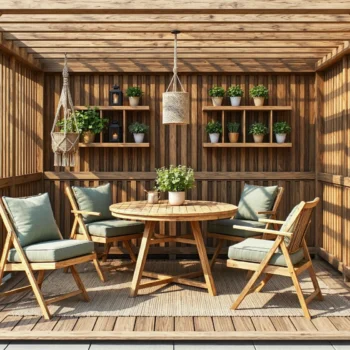 Drewniany zestaw ogrodowy stół okrągły i cztery krzesła składane