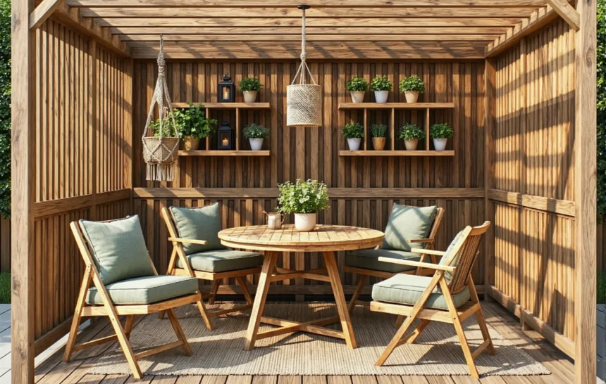 Drewniany zestaw ogrodowy stół okrągły i cztery krzesła składane