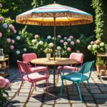 Zestaw mebli ogrodowych retro z okrągłym stołem i kolorowymi krzesłami