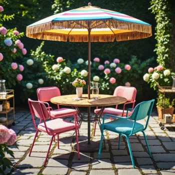 Zestaw mebli ogrodowych retro z okrągłym stołem i kolorowymi krzesłami