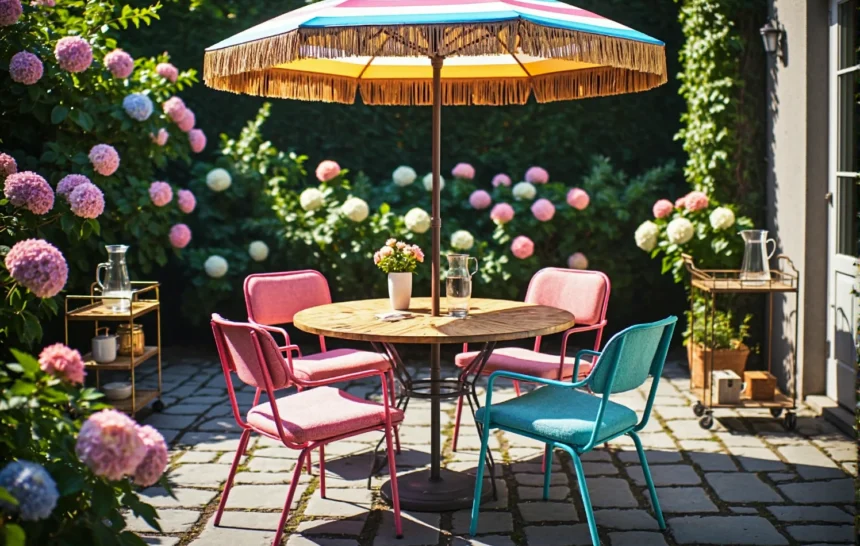 Zestaw mebli ogrodowych retro z okrągłym stołem i kolorowymi krzesłami