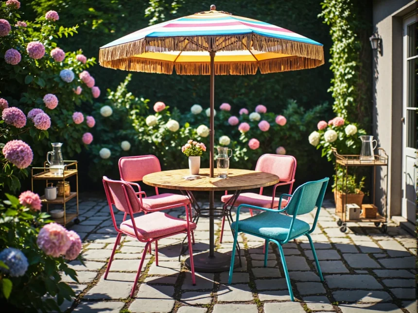 Zestaw mebli ogrodowych retro z okrągłym stołem i kolorowymi krzesłami