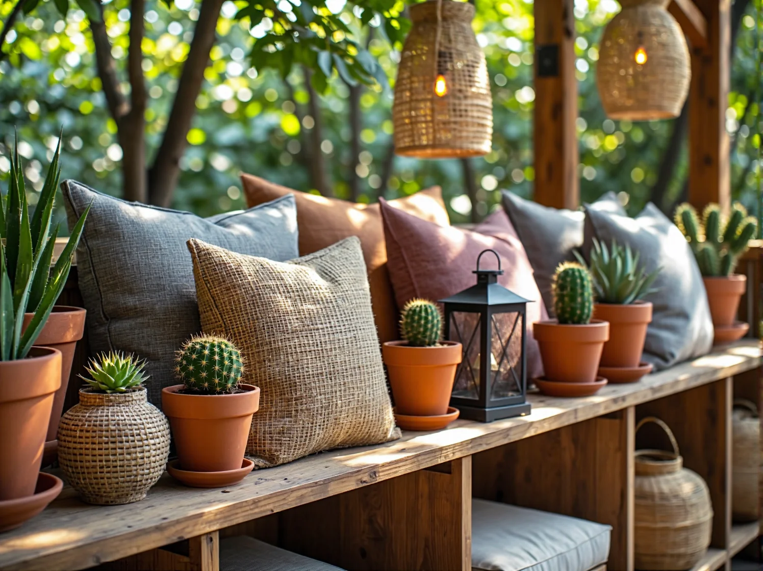 Drewniane meble ogrodowe z palet w aranżacji boho z jasnymi tekstyliami i girlandami świetlnymi.