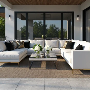 Narożnik outdoorowy biały w stylu glamour ze złotymi nóżkami