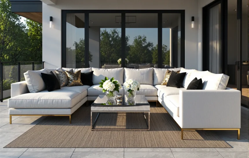 Narożnik outdoorowy biały w stylu glamour ze złotymi nóżkami