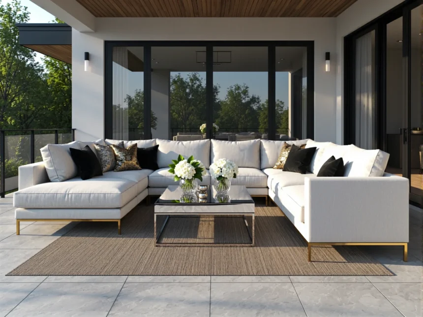 Narożnik outdoorowy biały w stylu glamour ze złotymi nóżkami Narożnik outdoorowy biały w stylu glamour ze złotymi nóżkami