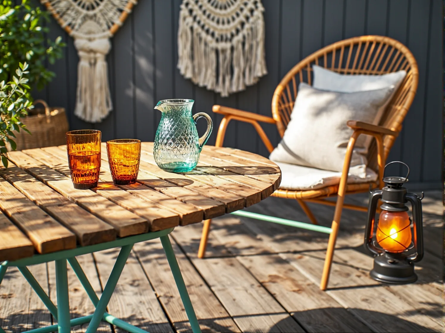 Drewniane meble ogrodowe vintage i kolorowe tekstylia na tarasie