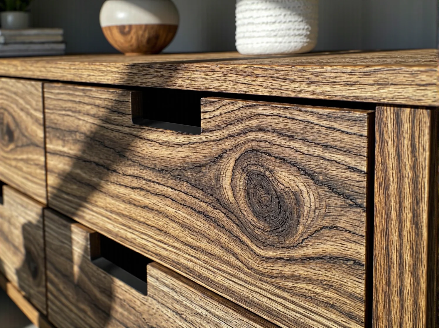 Zbliżenie na unikalną fakturę starego drewna w komodzie z odzysku