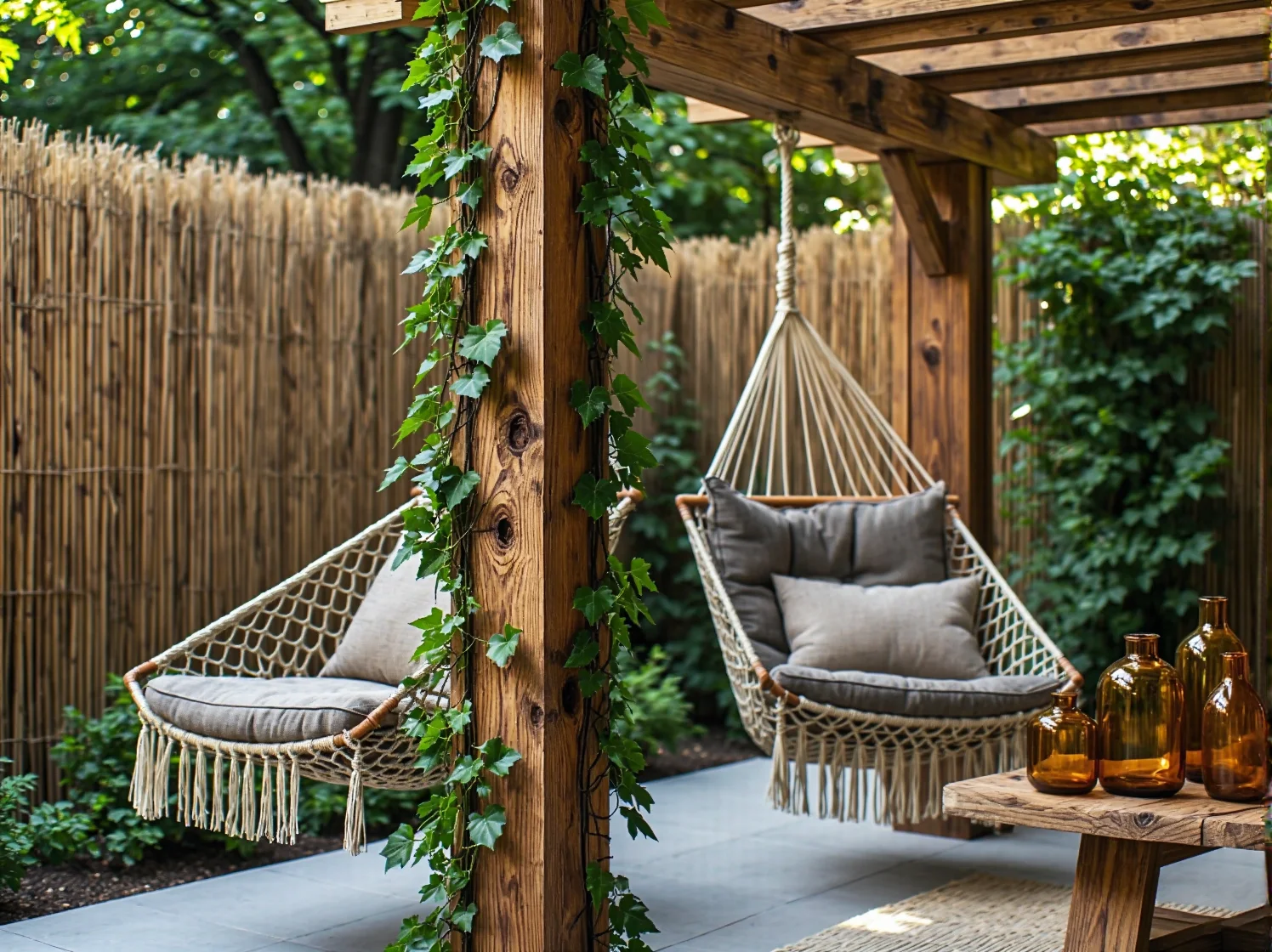 Wypoczynek z palet w ogrodzie boho ozdobiony poduszkami i makramą