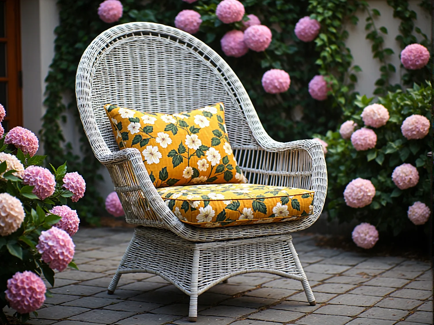 Metalowe fotele ogrodowe vintage z miękkimi poduszkami w kwiaty