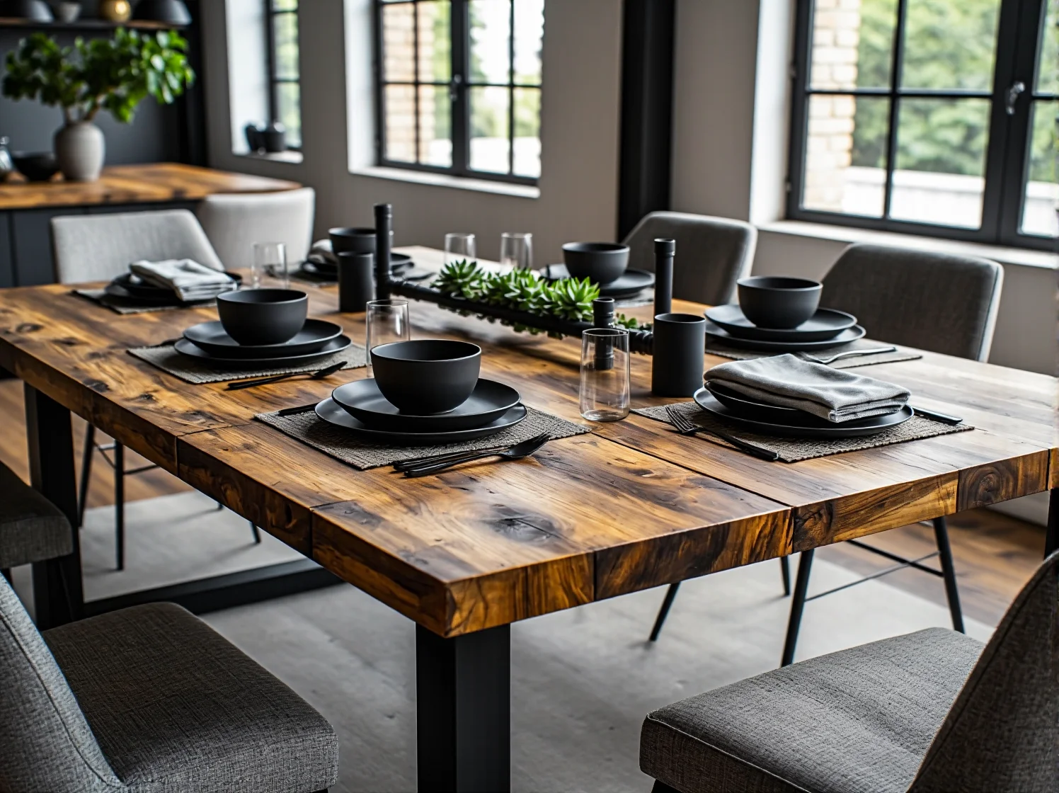 Czarne metalowe nogi typu pająk zamontowane do odnowionego drewnianego blatu