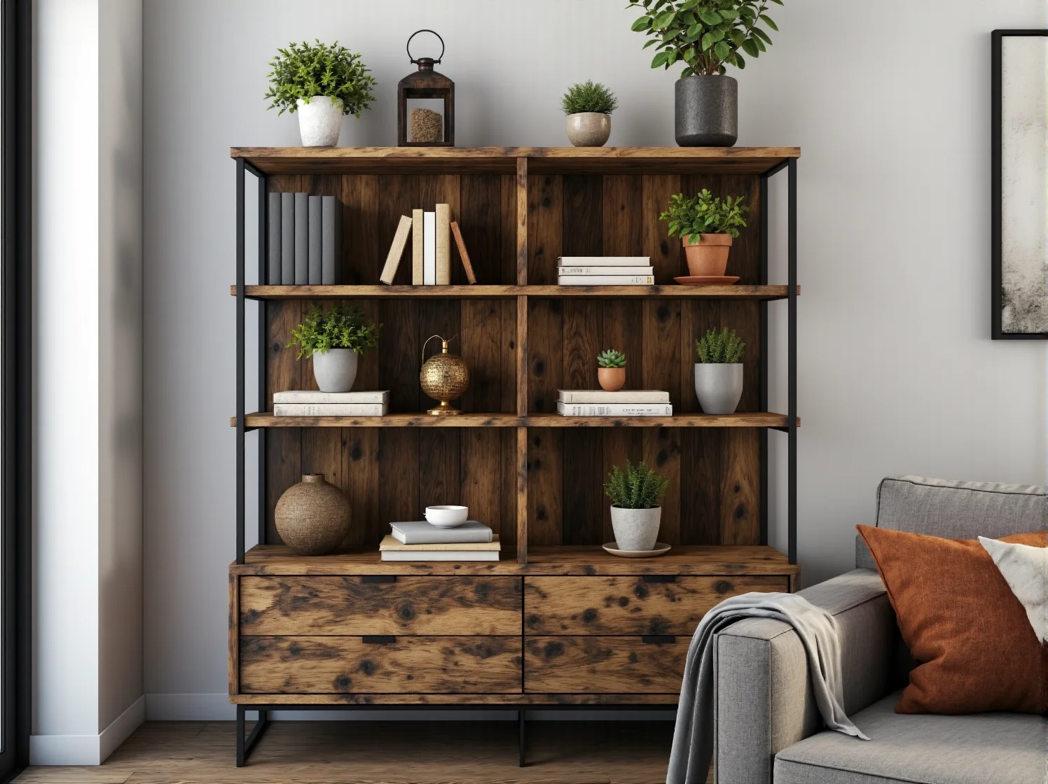 Stylowy metalowy regał narożny na książki i dekoracje, idealny do zagospodarowania kąta.