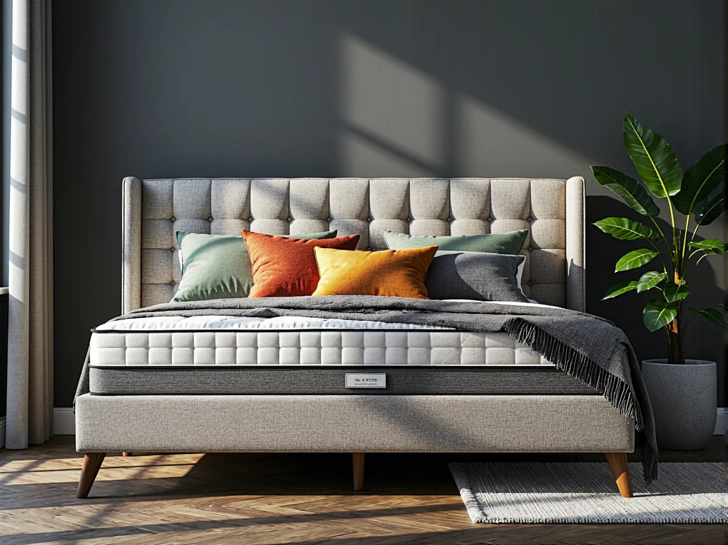 Stylowe wezgłowie łóżka kontynentalnego w modnej aranżacji wnętrza.