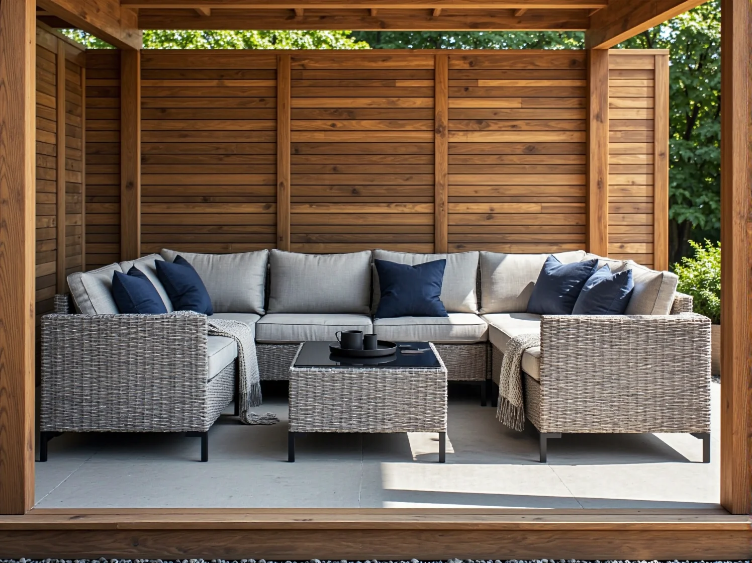 Modułowy narożnik wypoczynkowy w nowoczesnej małej altanie