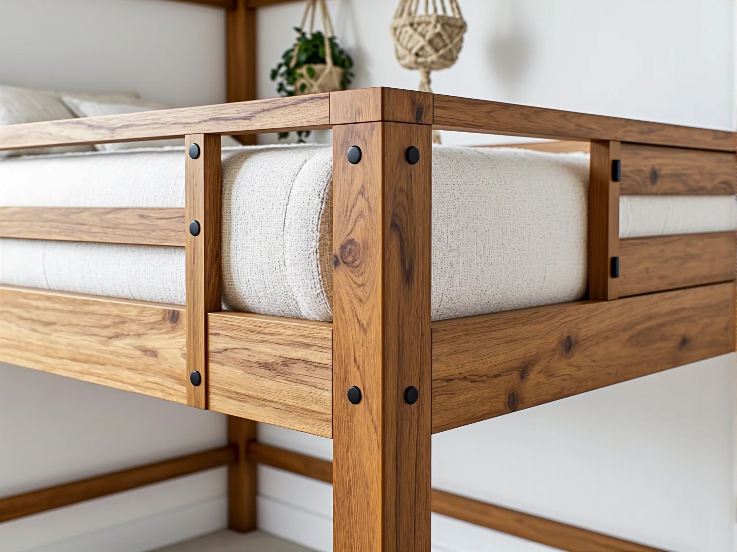 Etap montażu ramy łóżka piętrowego - łączenie drewnianych belek konstrukcyjnych