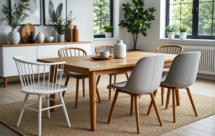 Krzesła skandynawskie szare tapicerowane z drewnianymi nogami