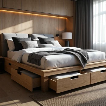 Skandynawskie łóżko dąb craft z szufladami i tapicerowanym zagłówkiem
