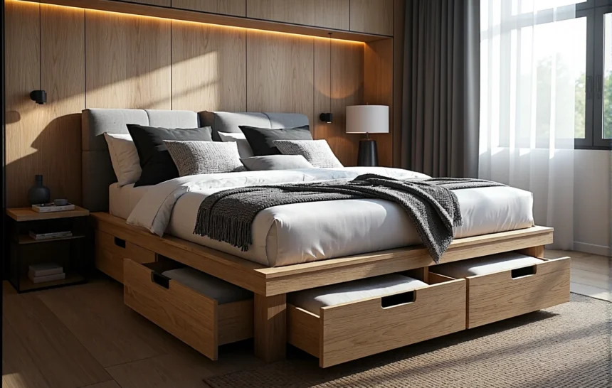 Skandynawskie łóżko dąb craft z szufladami i tapicerowanym zagłówkiem