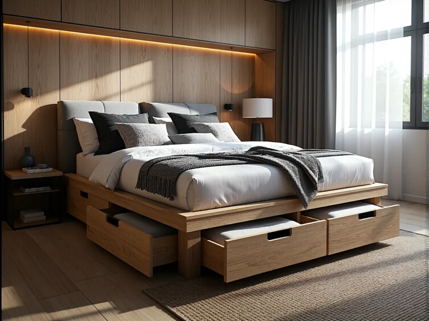 Skandynawskie łóżko dąb craft z szufladami i tapicerowanym zagłówkiem Skandynawskie łóżko dąb craft z szufladami i tapicerowanym zagłówkiem